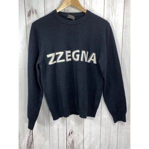 Z Zegna Mens Black Cashmere Blend Crewneck Sweater Spell out Size Small